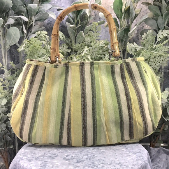 Striped Cotton Summer Handbag with Bamboo Handles. (Green Yellow Tan Brown) ☀️ - Picture 1 of 10
